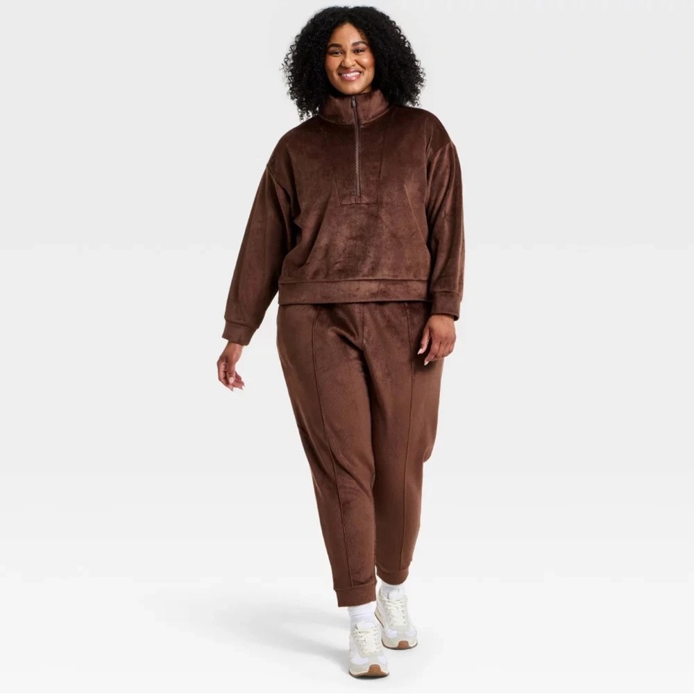 All in Motion Women's Velour Ribbed Sweatshirt and Sweatpants Set - Brown, 1X